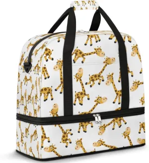 Cartoon Giraffe Sports Gym Bag with Shoes Compartment Foldable Travel Duffel Bag Dry Wet Separated Sports Tote Workout Weekender Overnight Bag for Women Yoga Dance Work Training Handbag