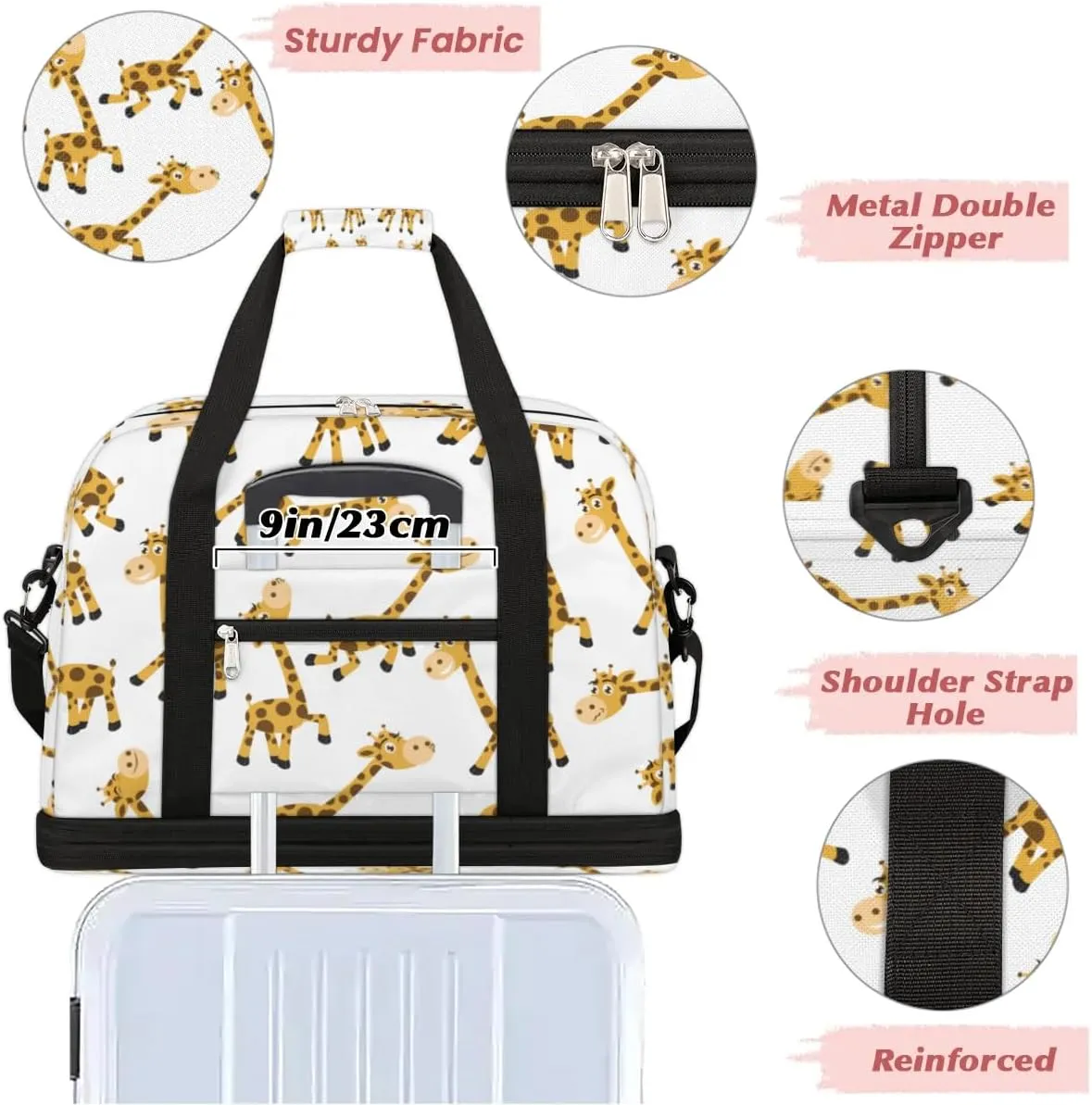 Cartoon Giraffe Sports Gym Bag with Shoes Compartment Foldable Travel Duffel Bag Dry Wet Separated Sports Tote Workout Weekender Overnight Bag for Women Yoga Dance Work Training Handbag