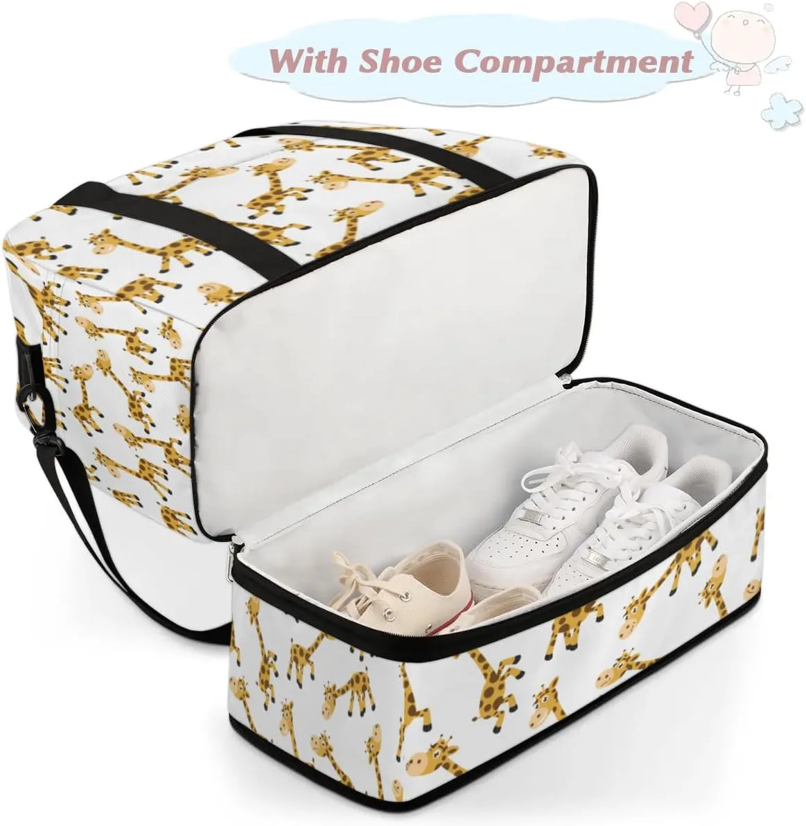 Cartoon Giraffe Sports Gym Bag with Shoes Compartment Foldable Travel Duffel Bag Dry Wet Separated Sports Tote Workout Weekender Overnight Bag for Women Yoga Dance Work Training Handbag