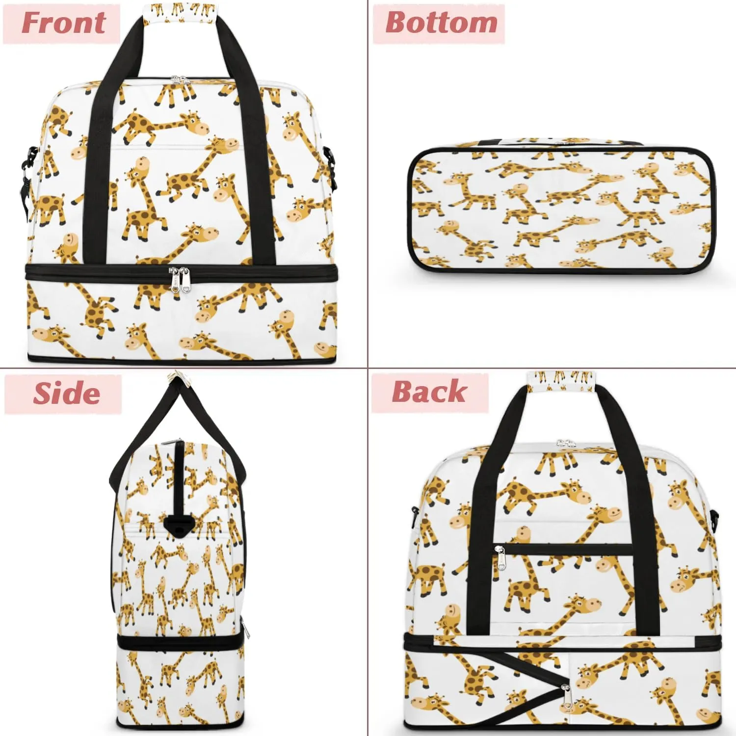 Cartoon Giraffe Sports Gym Bag with Shoes Compartment Foldable Travel Duffel Bag Dry Wet Separated Sports Tote Workout Weekender Overnight Bag for Women Yoga Dance Work Training Handbag