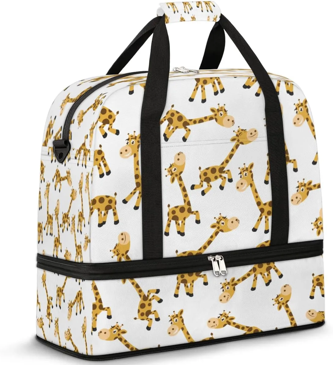 Cartoon Giraffe Sports Gym Bag with Shoes Compartment Foldable Travel Duffel Bag Dry Wet Separated Sports Tote Workout Weekender Overnight Bag for Women Yoga Dance Work Training Handbag