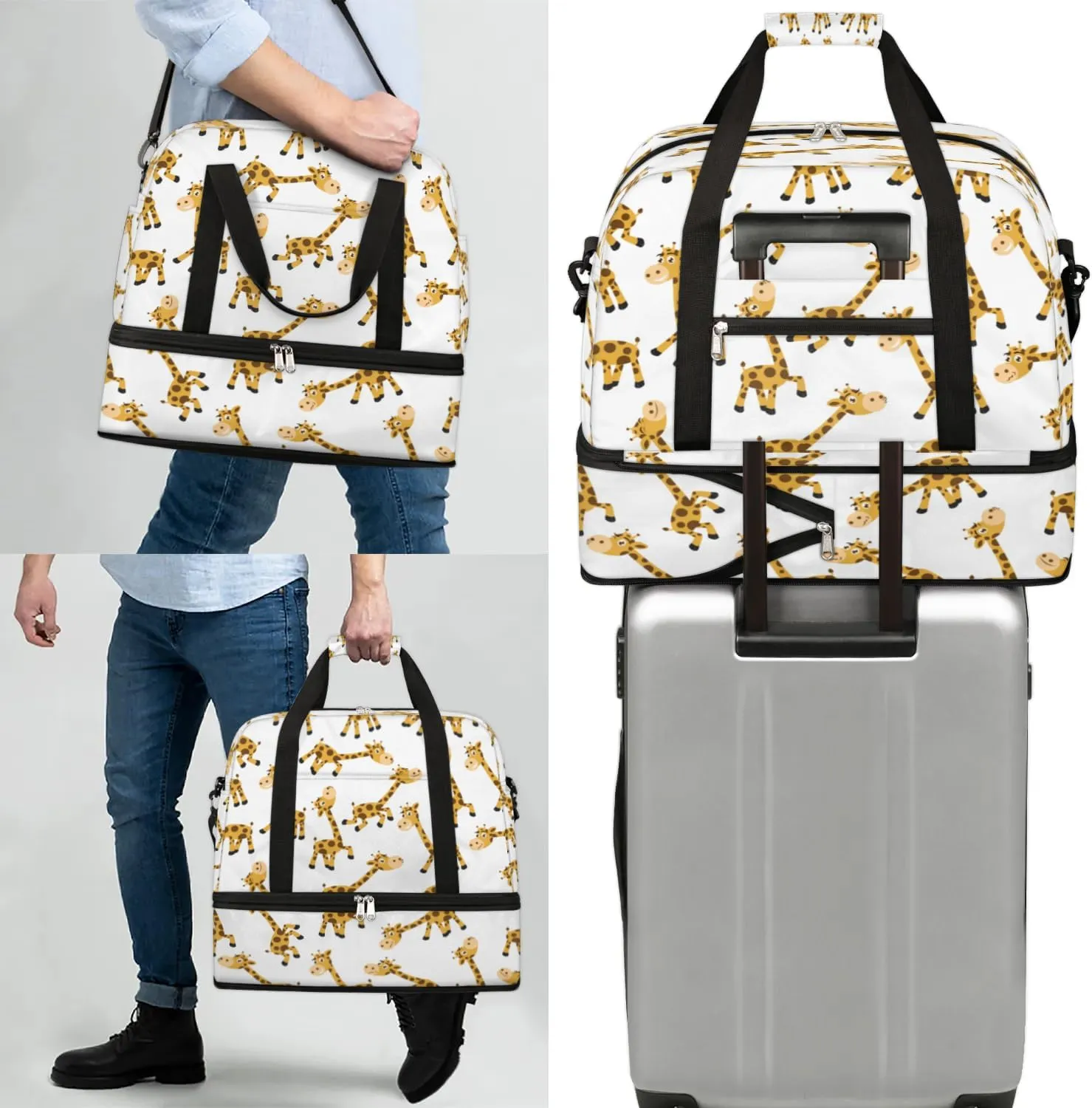 Cartoon Giraffe Sports Gym Bag with Shoes Compartment Foldable Travel Duffel Bag Dry Wet Separated Sports Tote Workout Weekender Overnight Bag for Women Yoga Dance Work Training Handbag