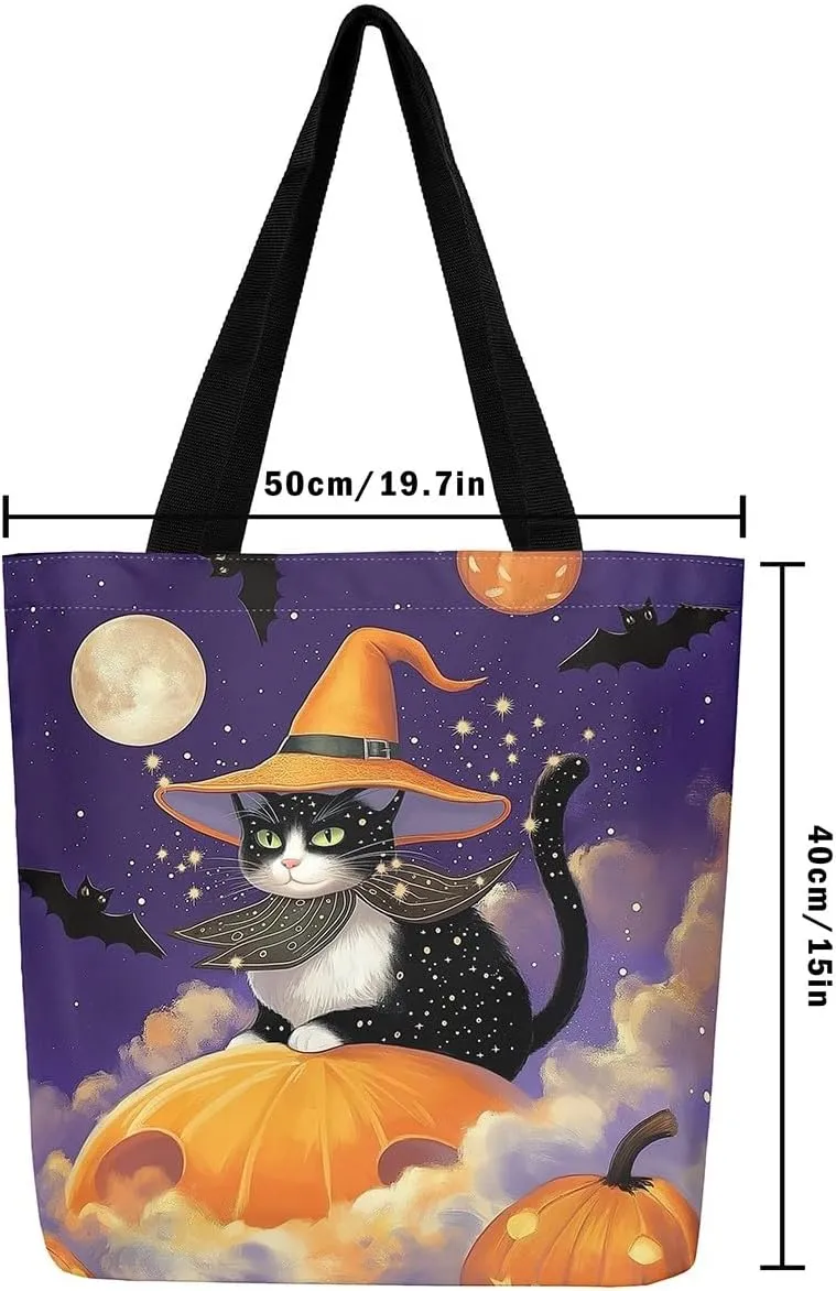 Castle Fairy Halloween Theme Canvas Tote Bag,Cartoon Pumpking Shopping Grocery Bags,Cute Animal Ghost Shoulder Handbags