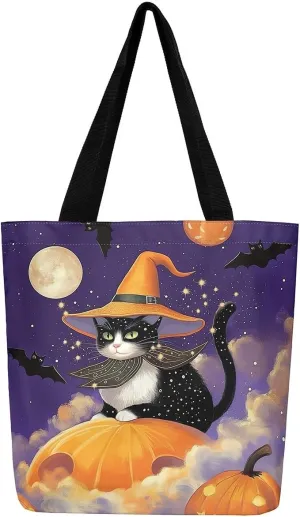 Castle Fairy Halloween Theme Canvas Tote Bag,Cartoon Pumpking Shopping Grocery Bags,Cute Animal Ghost Shoulder Handbags
