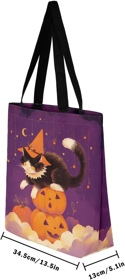 Castle Fairy Halloween Theme Canvas Tote Bag,Cartoon Pumpking Shopping Grocery Bags,Cute Animal Ghost Shoulder Handbags