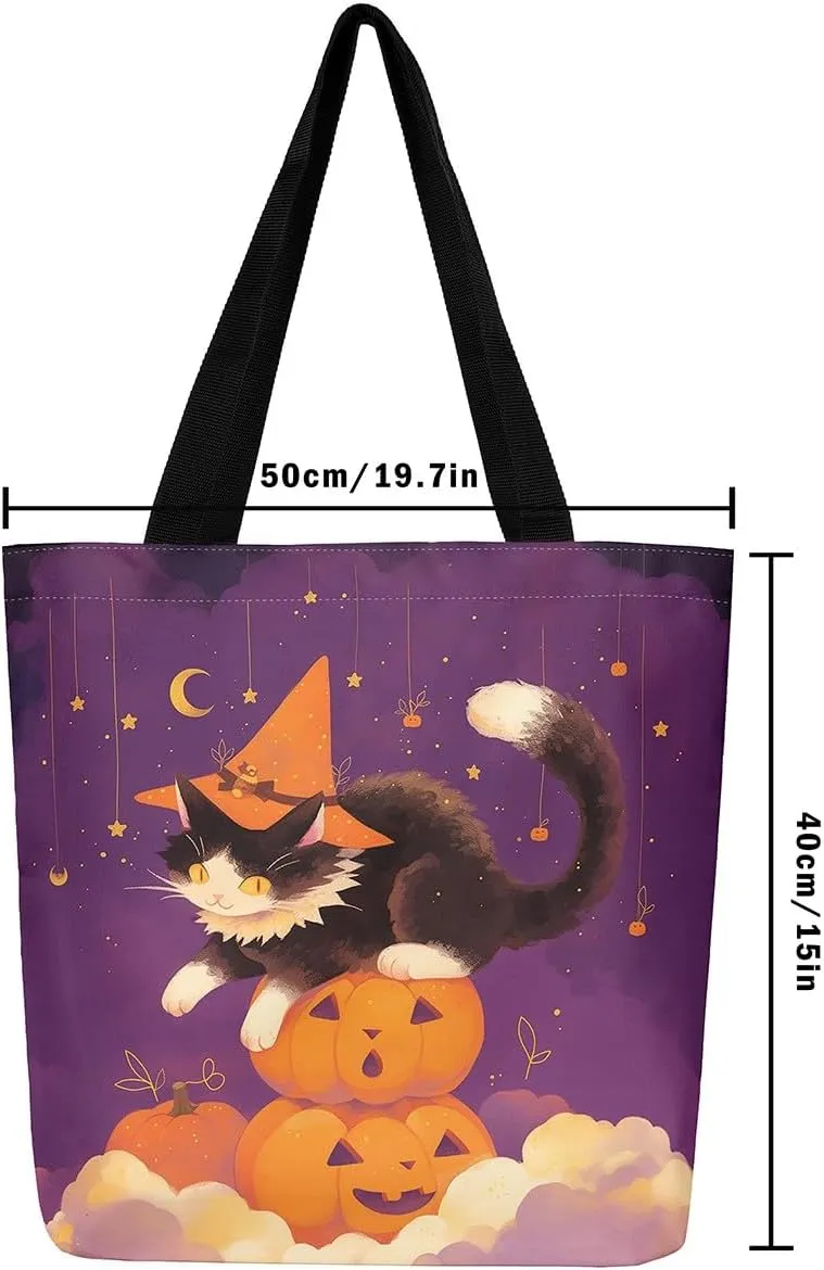 Castle Fairy Halloween Theme Canvas Tote Bag,Cartoon Pumpking Shopping Grocery Bags,Cute Animal Ghost Shoulder Handbags