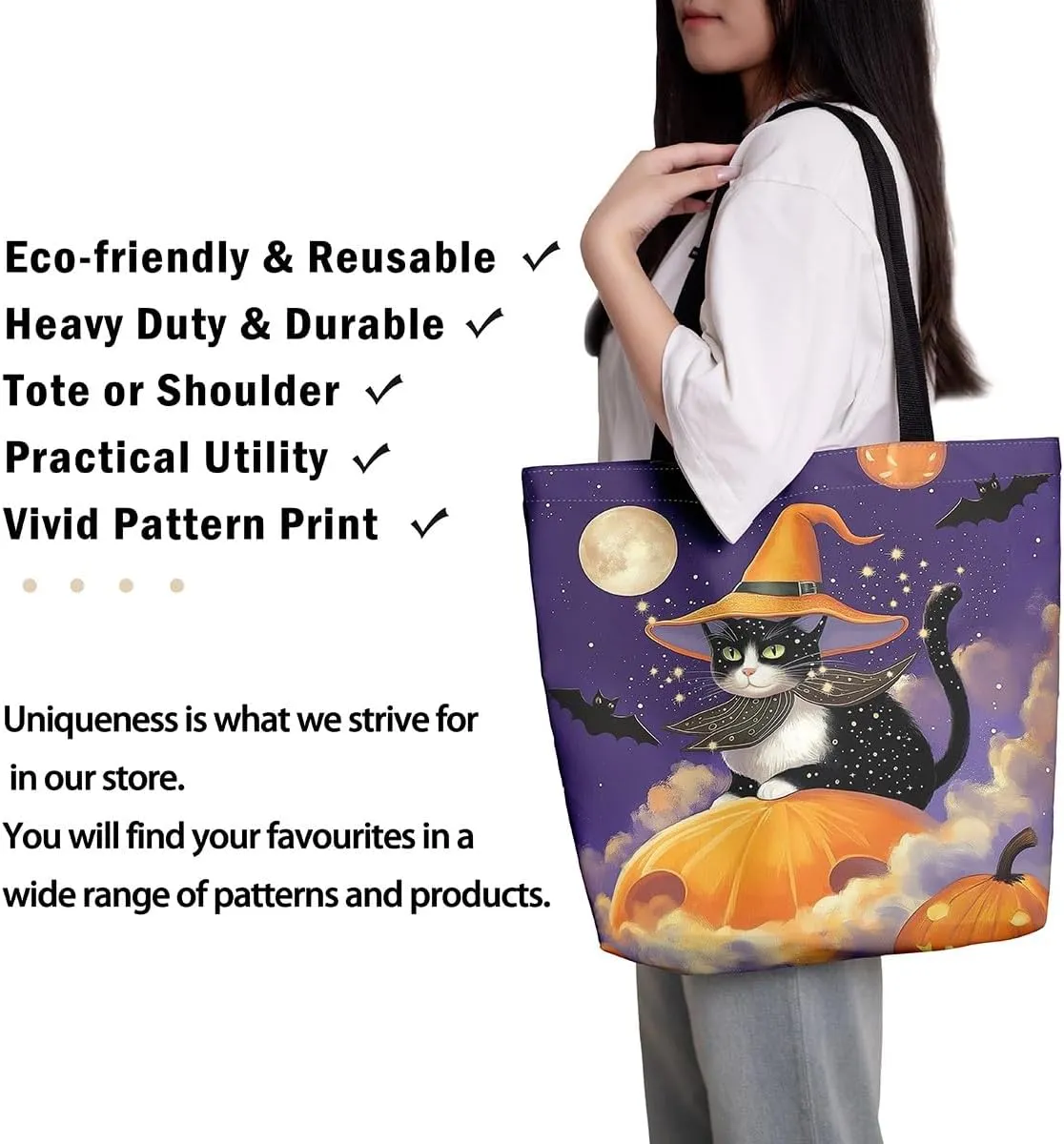 Castle Fairy Halloween Theme Canvas Tote Bag,Cartoon Pumpking Shopping Grocery Bags,Cute Animal Ghost Shoulder Handbags