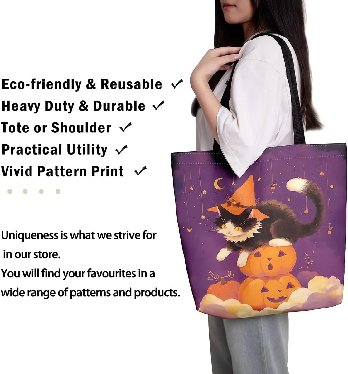 Castle Fairy Halloween Theme Canvas Tote Bag,Cartoon Pumpking Shopping Grocery Bags,Cute Animal Ghost Shoulder Handbags