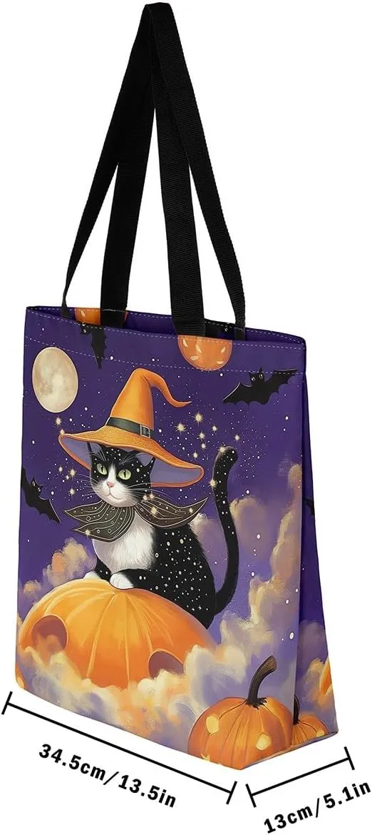Castle Fairy Halloween Theme Canvas Tote Bag,Cartoon Pumpking Shopping Grocery Bags,Cute Animal Ghost Shoulder Handbags