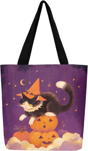 Castle Fairy Halloween Theme Canvas Tote Bag,Cartoon Pumpking Shopping Grocery Bags,Cute Animal Ghost Shoulder Handbags