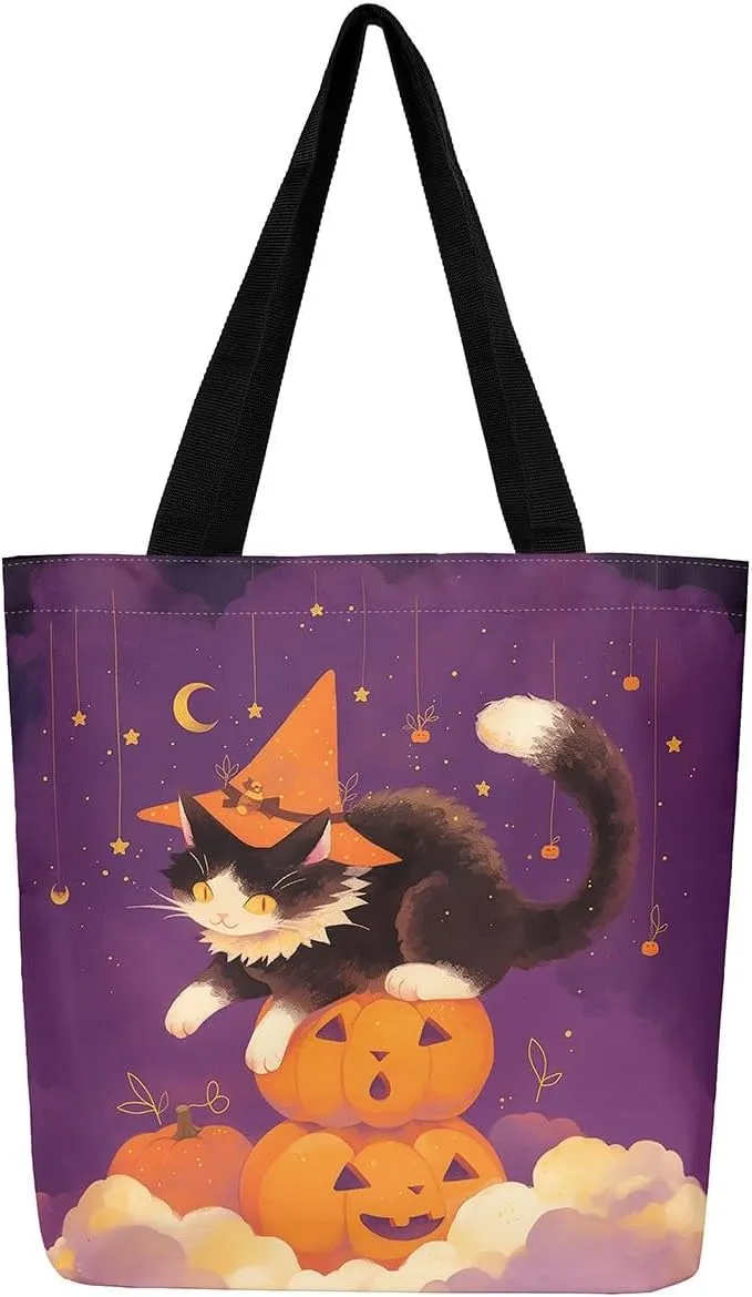 Castle Fairy Halloween Theme Canvas Tote Bag,Cartoon Pumpking Shopping Grocery Bags,Cute Animal Ghost Shoulder Handbags