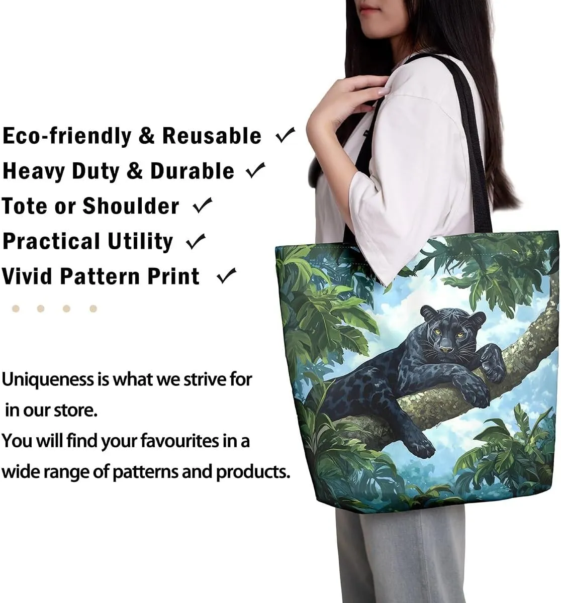 Castle Fairy Wild Animal Canvas Tote Bag 19.7x5.1 Inch Jungle Theme Shoulder Handbags for Adults Shopping Gym