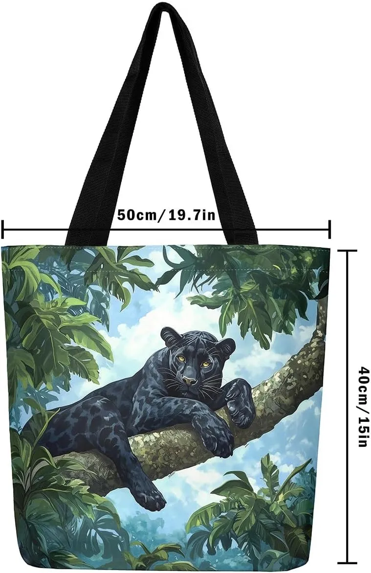 Castle Fairy Wild Animal Canvas Tote Bag 19.7x5.1 Inch Jungle Theme Shoulder Handbags for Adults Shopping Gym