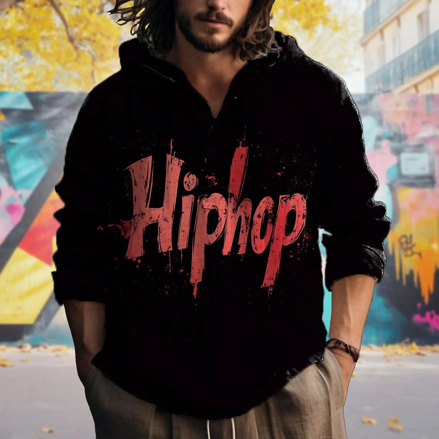 Casual Hoodies for Men Graphic Print Long Sleeve Sweatshirts Pullover Button Up Hooded Shirts Trendy Hoodie