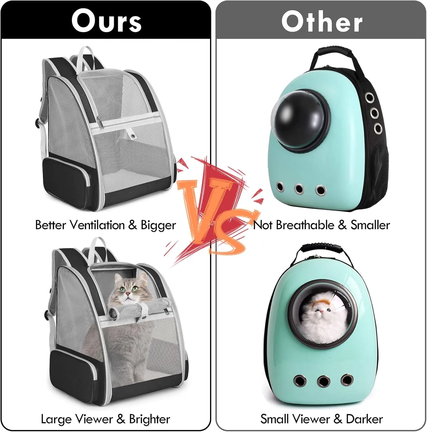 Cat Backpack Carrier, Large Pet Backpack with Kitten Wand Feather Toy for Medium Small Dog Cat Puppy Kitty Bunny up to 15lbs, Ventilated Mesh Dog Travel Carrier for Hiking Walking Outdoor Use (Black)