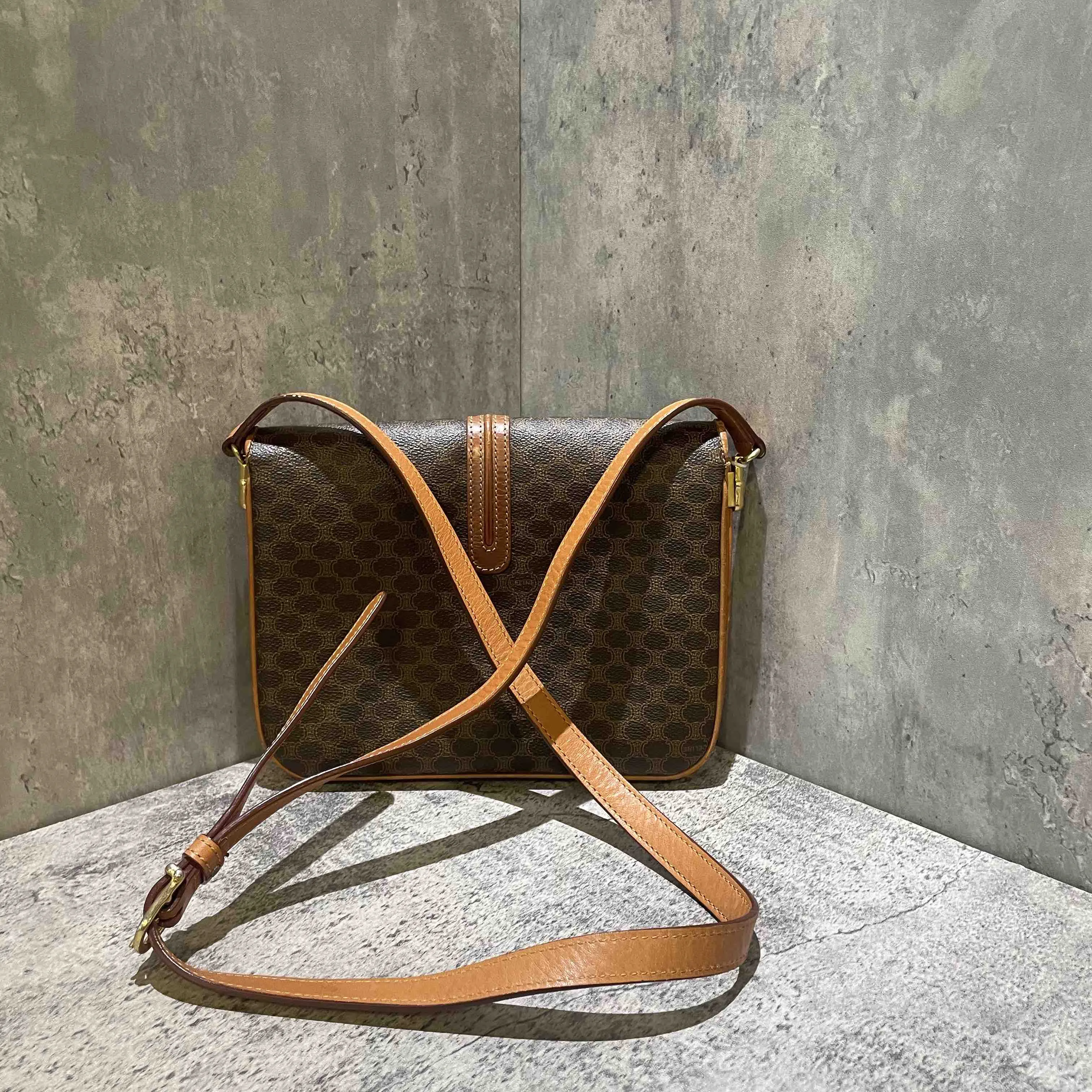 Celine Vintage Brown Monogram Canvas Messenger Bag Medium