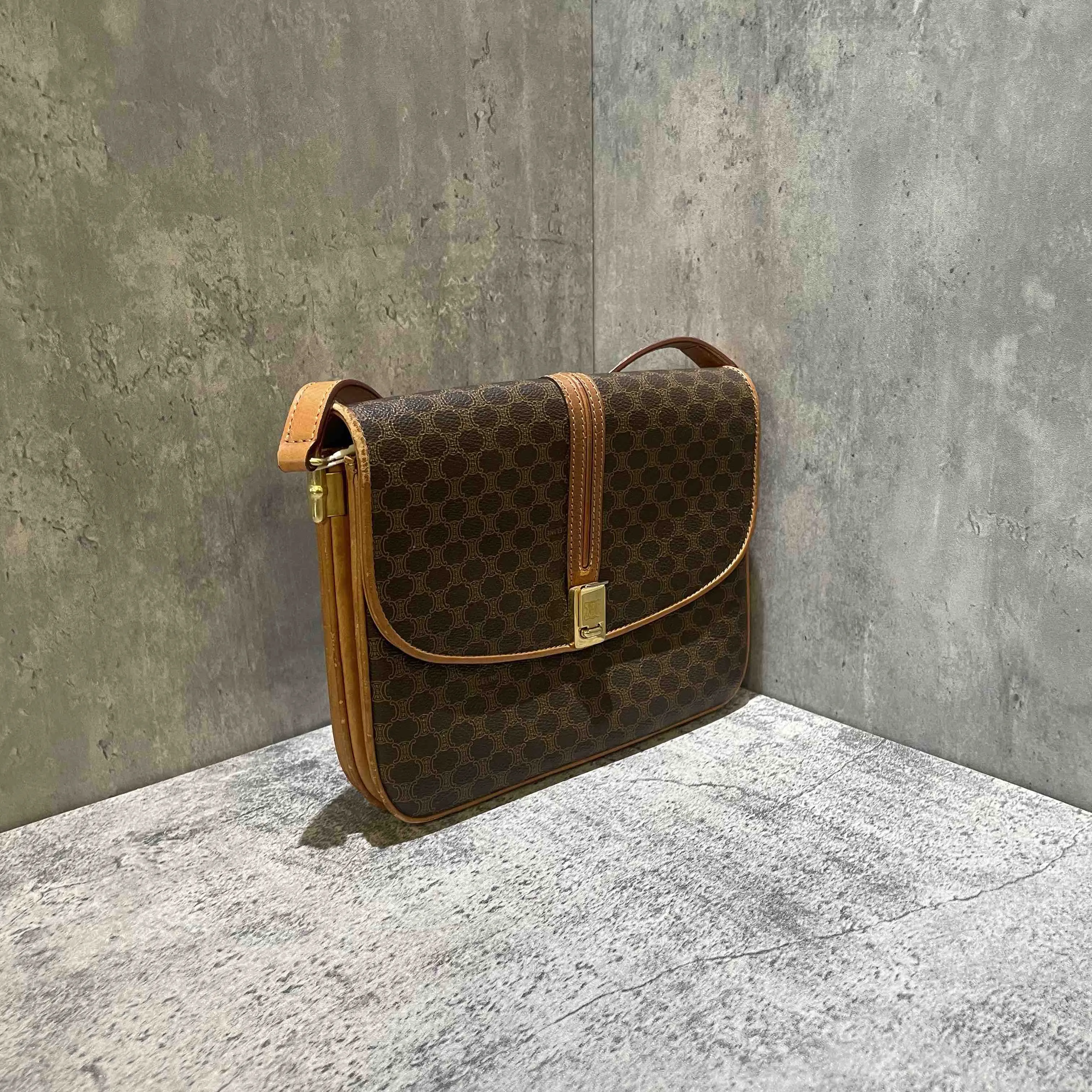Celine Vintage Brown Monogram Canvas Messenger Bag Medium