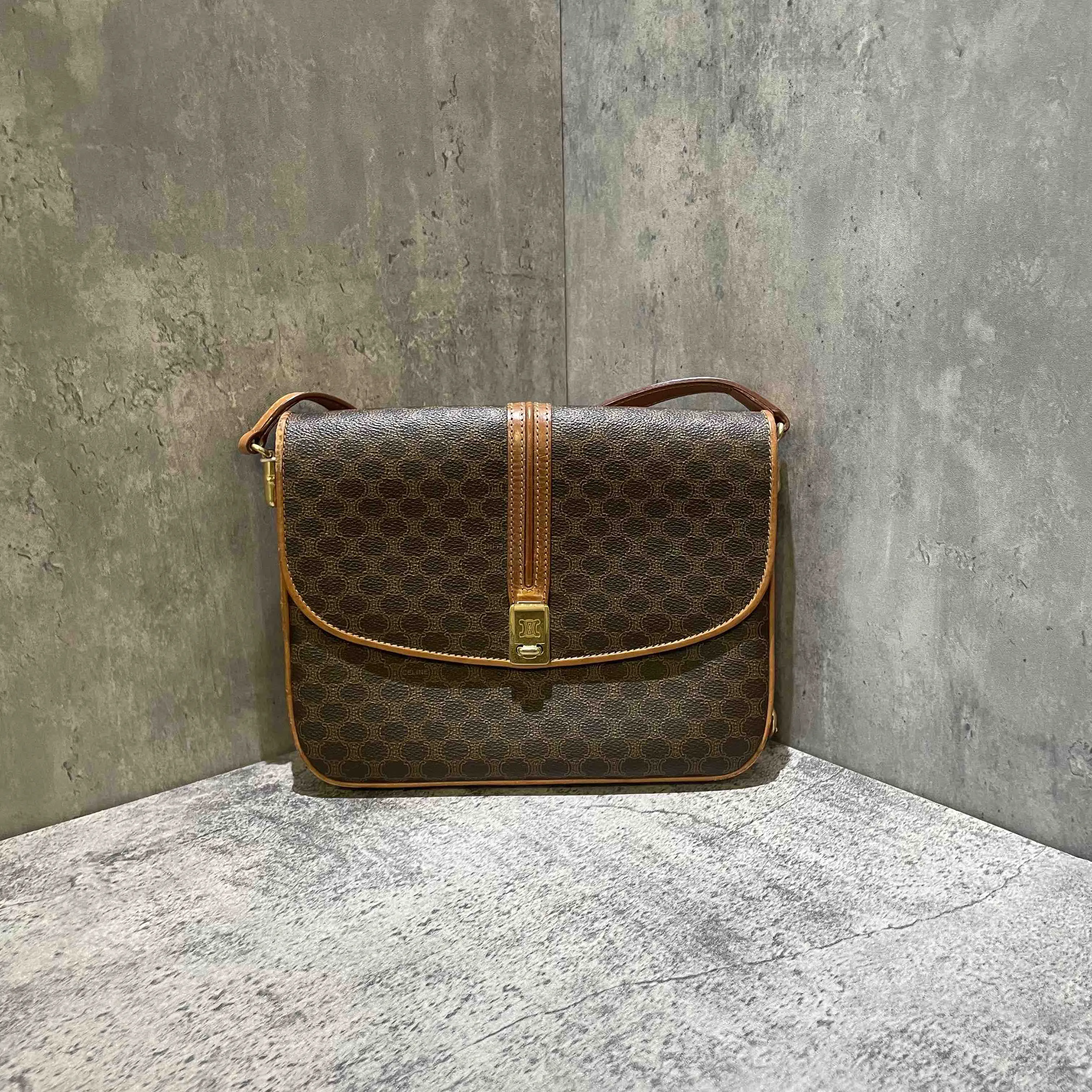 Celine Vintage Brown Monogram Canvas Messenger Bag Medium