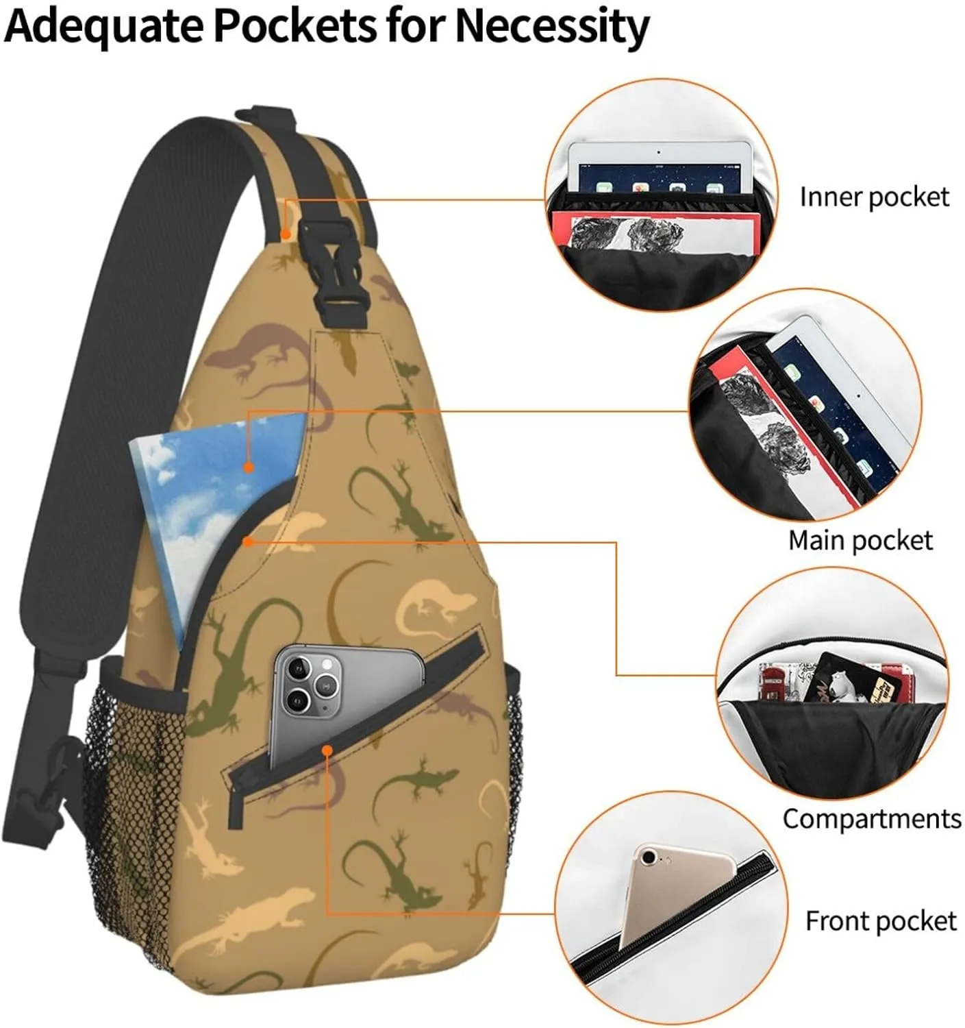 Chameleon Shoulder Bag Lizard Sling Backpack Daypack Casual Backpack Hiking Bag Cute Backpack Bag