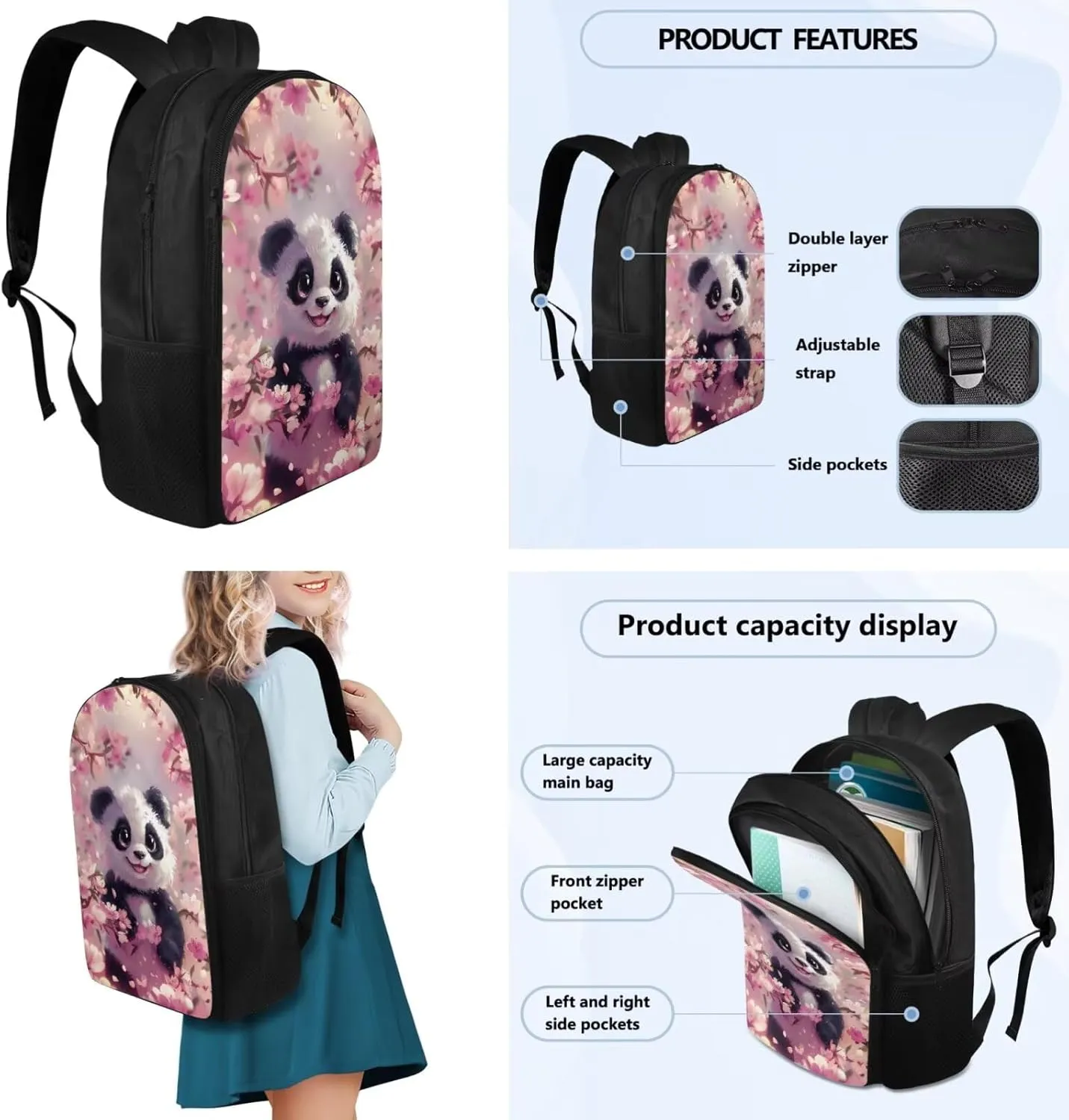 Cherry Blossom Panda Kids' Backpacks 4 in 1 School Backpack for Girls with Lunch Box Cute Bookbags Aesthetic Elementary School Bags for Girls 7-10 Large Capacity Hiking Daypack Rucksack