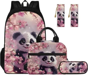 Cherry Blossom Panda Kids' Backpacks 4 in 1 School Backpack for Girls with Lunch Box Cute Bookbags Aesthetic Elementary School Bags for Girls 7-10 Large Capacity Hiking Daypack Rucksack