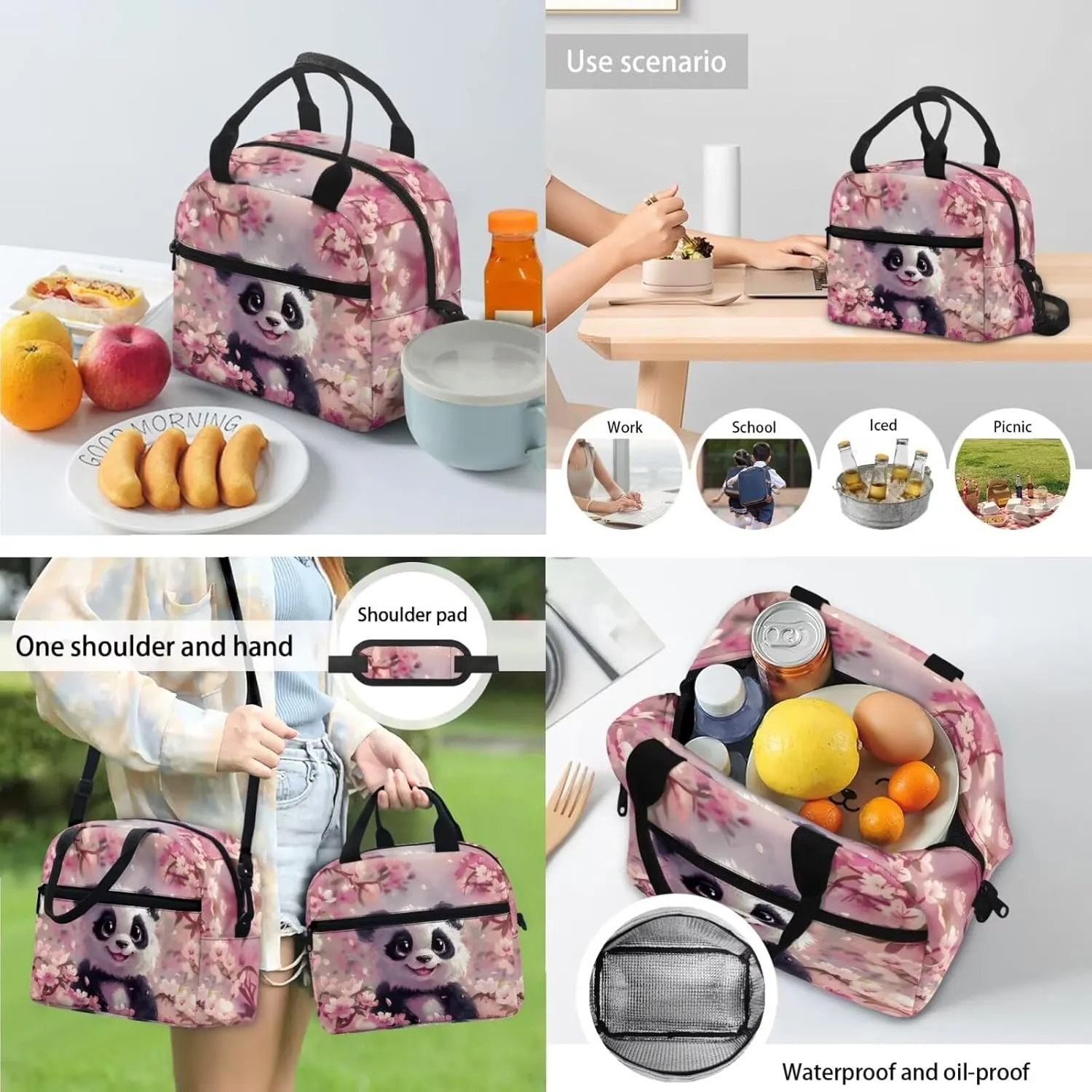 Cherry Blossom Panda Kids' Backpacks 4 in 1 School Backpack for Girls with Lunch Box Cute Bookbags Aesthetic Elementary School Bags for Girls 7-10 Large Capacity Hiking Daypack Rucksack