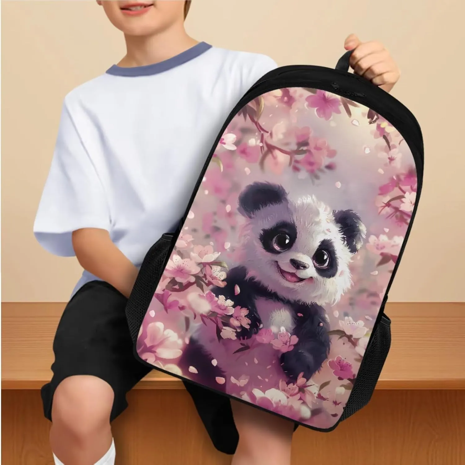 Cherry Blossom Panda Kids' Backpacks 4 in 1 School Backpack for Girls with Lunch Box Cute Bookbags Aesthetic Elementary School Bags for Girls 7-10 Large Capacity Hiking Daypack Rucksack