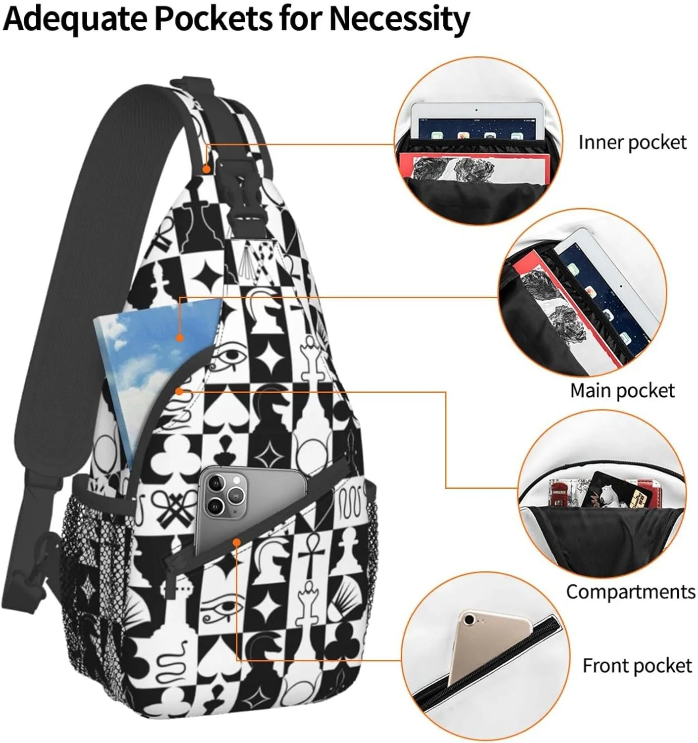Chess Sling Backpack Chest Bag Crossbody Shoulder Bag Gym Cycling Travel Hiking Daypack For Men Women
