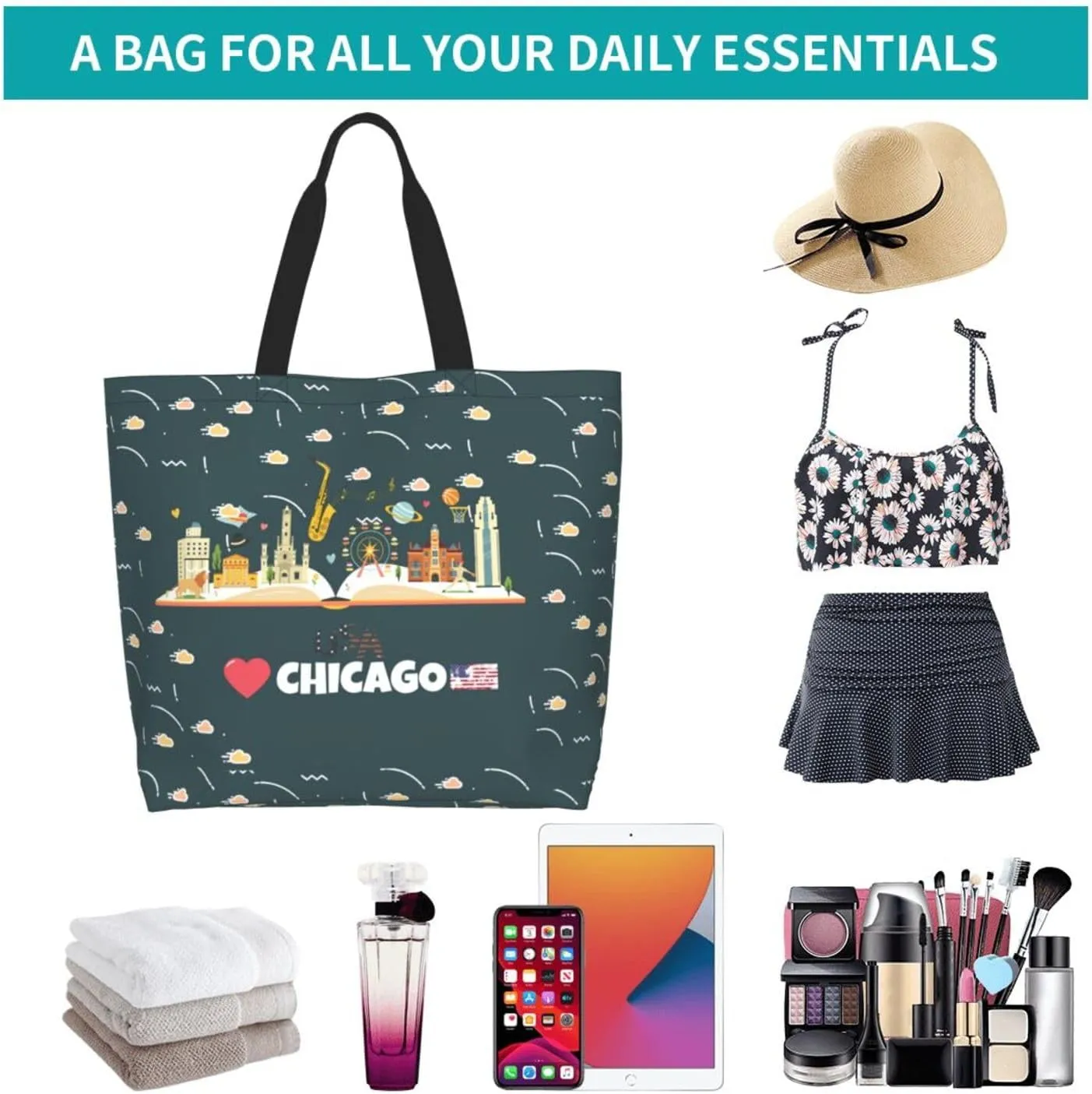Chicago Canvas Tote Bag Chicago Flag Shoulder Bag Handbag Flag Casual Chicago Grocery Bags for Outdoors