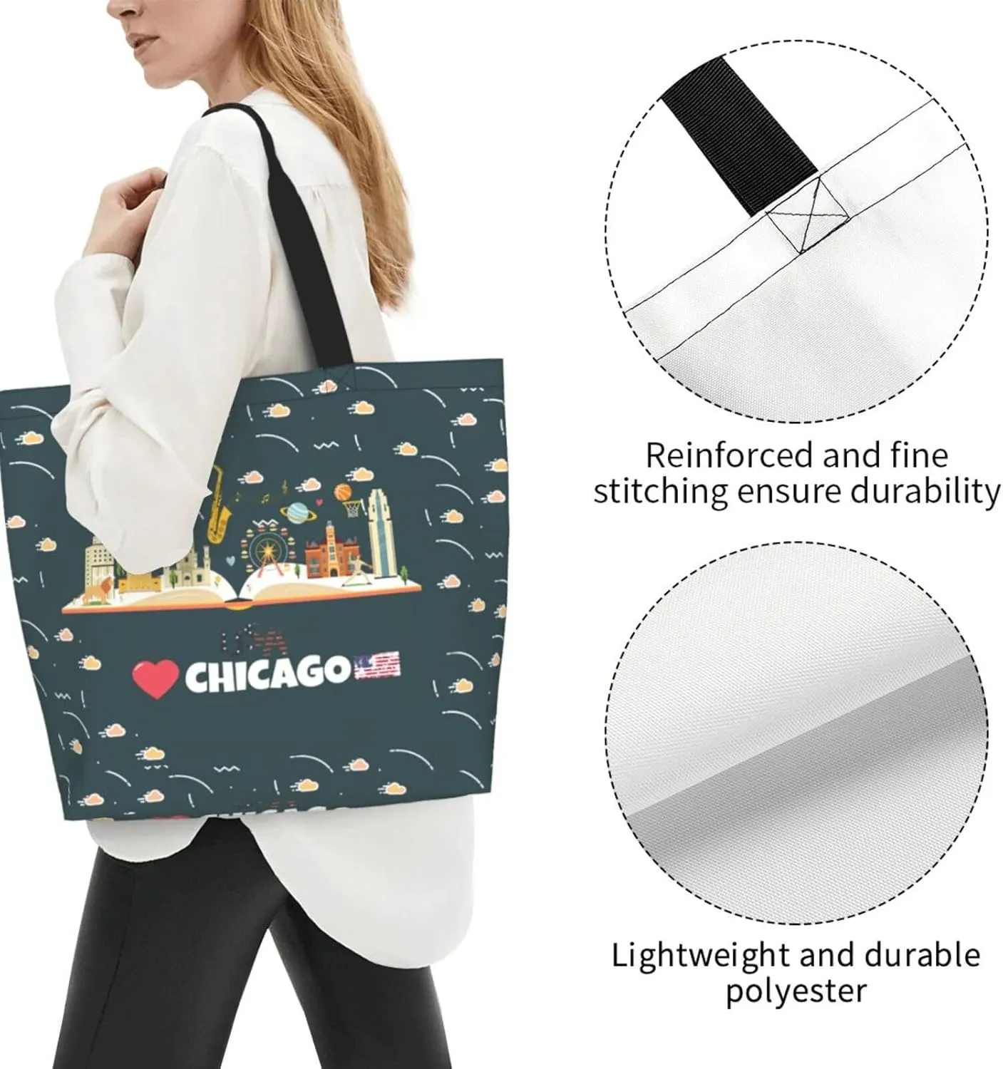 Chicago Canvas Tote Bag Chicago Flag Shoulder Bag Handbag Flag Casual Chicago Grocery Bags for Outdoors