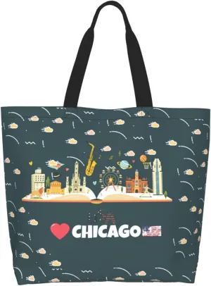 Chicago Canvas Tote Bag Chicago Flag Shoulder Bag Handbag Flag Casual Chicago Grocery Bags for Outdoors