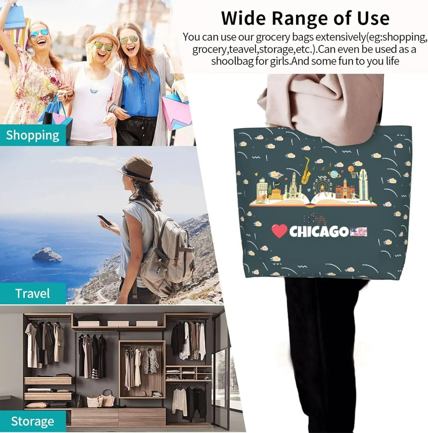 Chicago Canvas Tote Bag Chicago Flag Shoulder Bag Handbag Flag Casual Chicago Grocery Bags for Outdoors