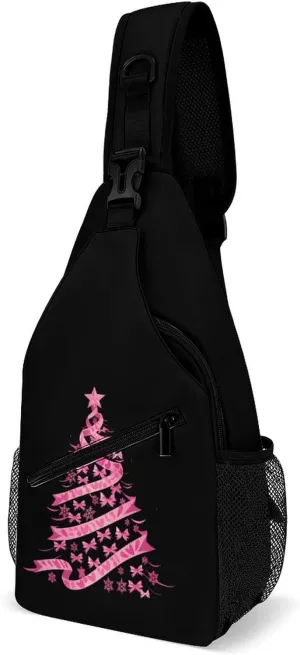 Christmas Breast Cancer Holiday Ribbon Fight Awareness Sling Bag for Men Women Durable Crossbody Backpack Chest Bag Daypack for Travel Hiking