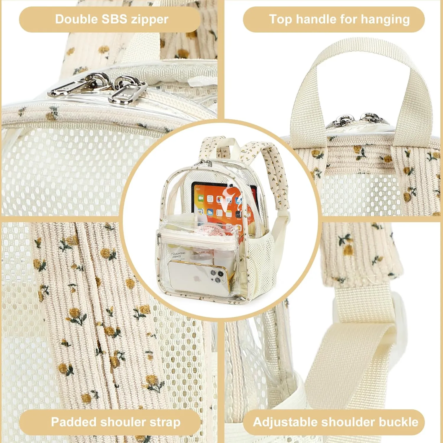 Clear Mini Backpack Stadium Approved 12x12x6 Small Transparent Backpacks Plastic See Through Bag for Work Festival Security Travel