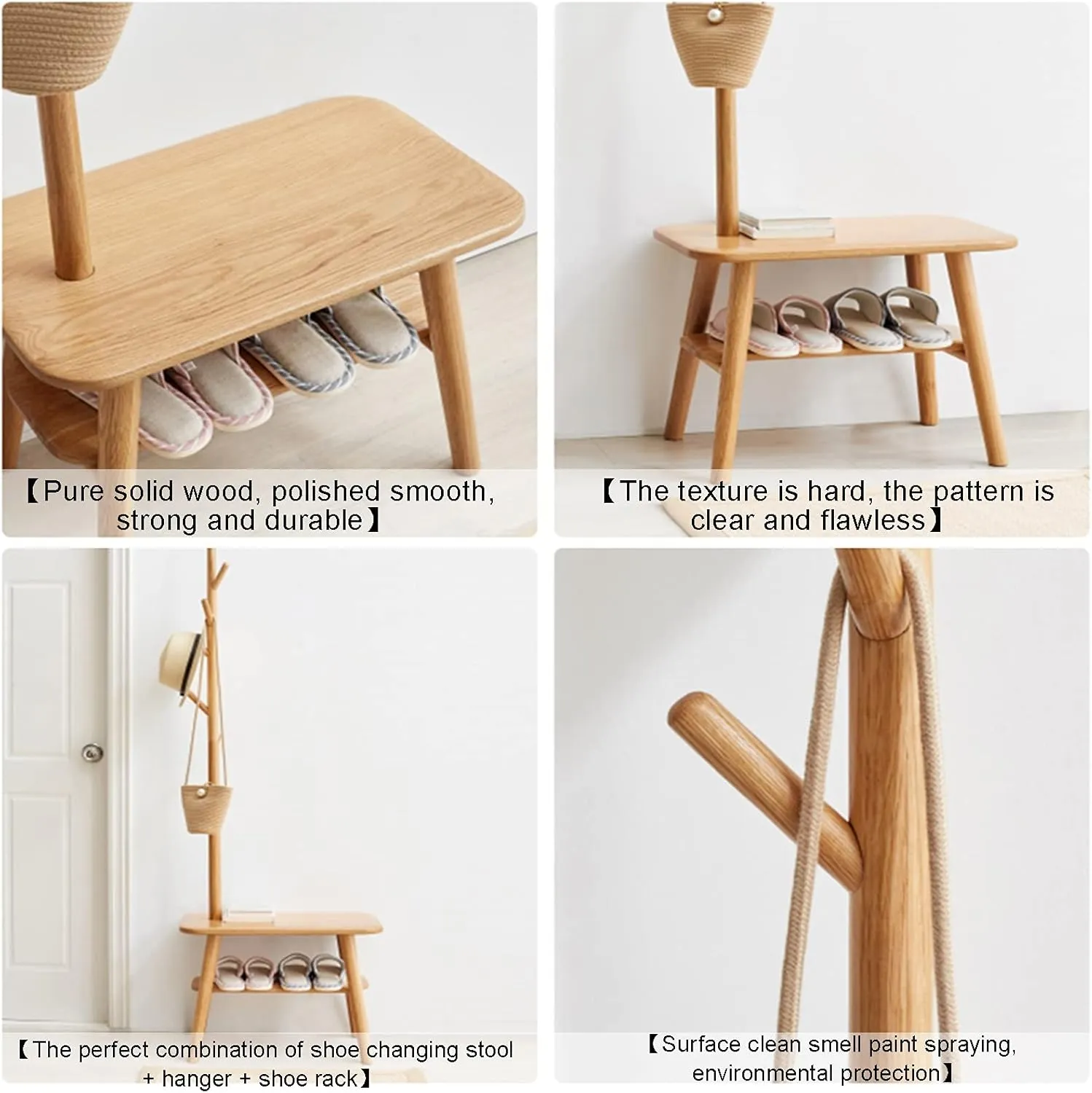 Clothes Rail Rack Coat Rack Stand Clothes Rack Stand, Wooden Furniture with Shoe Changing Bench, Ideal for Hall Bedroom Entryway Office, Clothes Hat Handbag Storage, 2 Color (Walnut Color 60