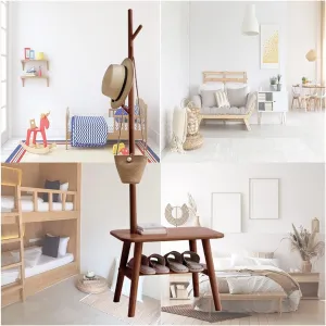 Clothes Rail Rack Coat Rack Stand Clothes Rack Stand, Wooden Furniture with Shoe Changing Bench, Ideal for Hall Bedroom Entryway Office, Clothes Hat Handbag Storage, 2 Color (Walnut Color 60