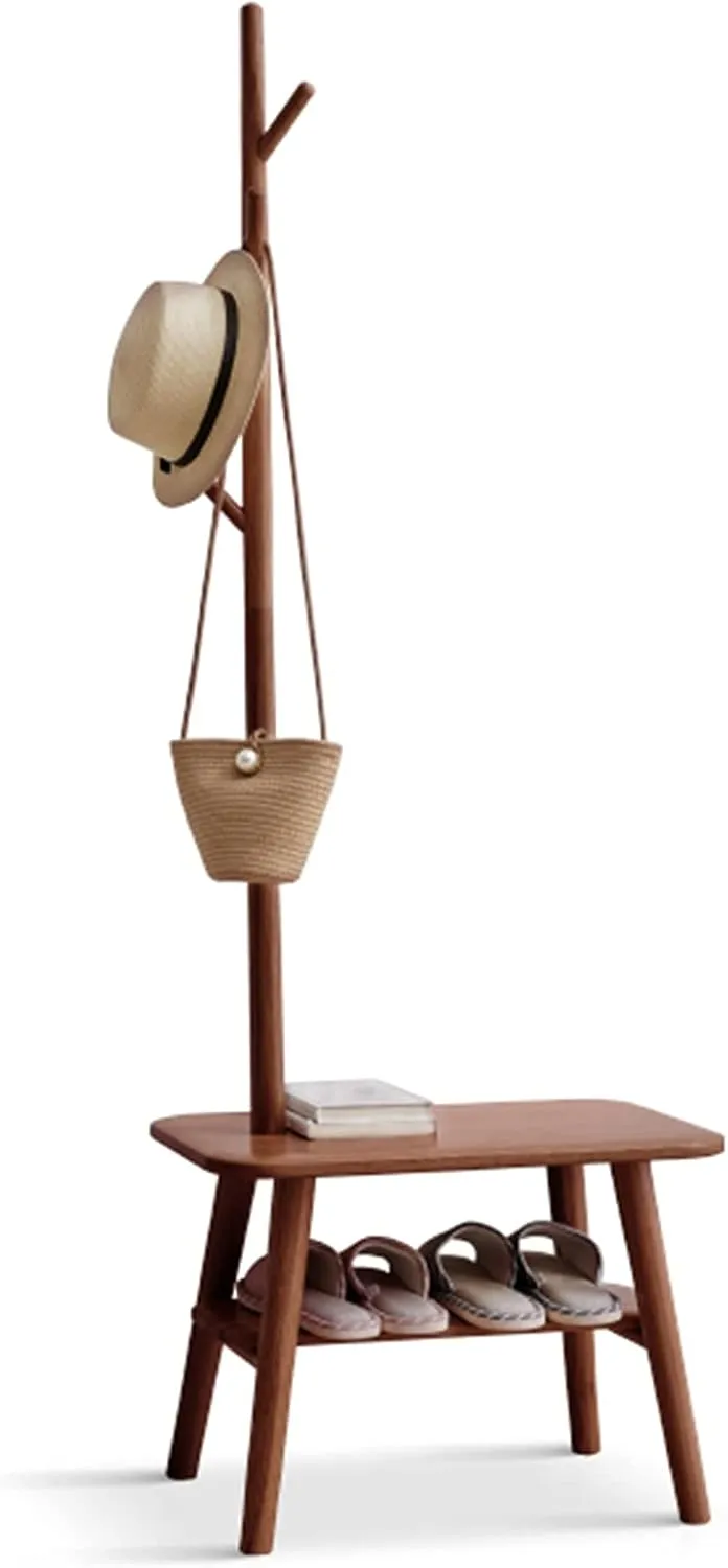Clothes Rail Rack Coat Rack Stand Clothes Rack Stand, Wooden Furniture with Shoe Changing Bench, Ideal for Hall Bedroom Entryway Office, Clothes Hat Handbag Storage, 2 Color (Walnut Color 60