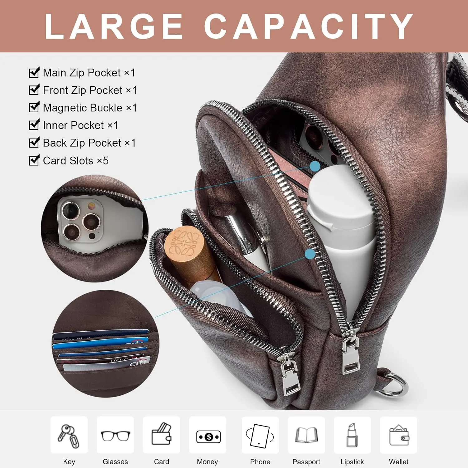 CLUCI Small Sling Bag for Women, Vegan Leather Fanny Pack Crossbody Bags for Women, Chest Bag With Guitar Strap