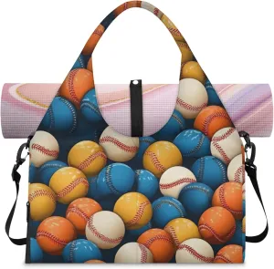 Colorful Baseball Print Gym Bag Yoga Mat Tote for Women with Shoes Compartment Lightweight Duffle Travel Carrier Wet Dry Storage Pockets Adjustable Pilates Mats Shoulder Bags for Sport Swim