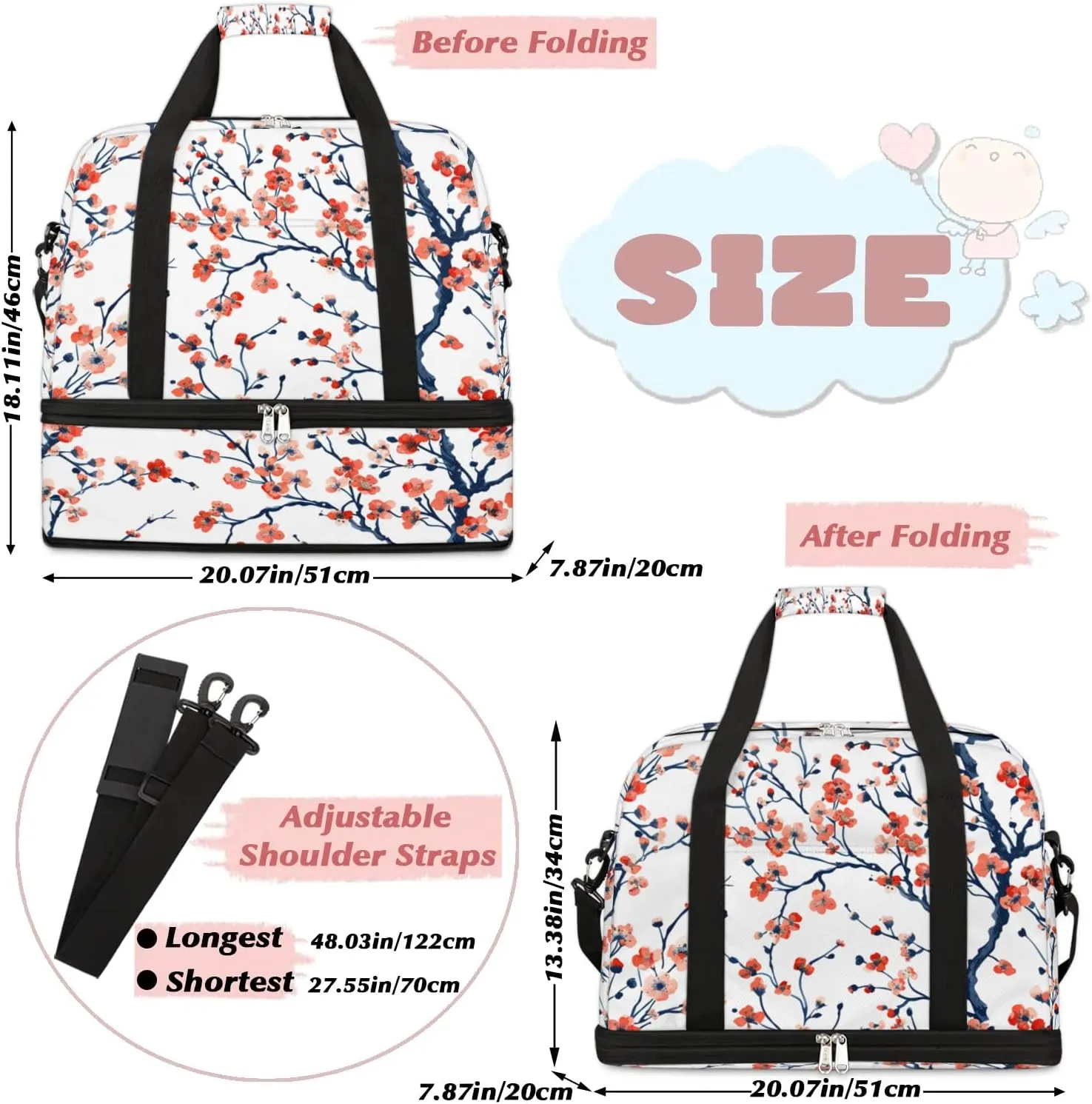 Colorful Flora Printing Beauty Travel Duffle Bag, Collapsible Travel Bag Sports Gym Bag With Shoes Compartment Weekender Bag Overnight Bag For Women Men