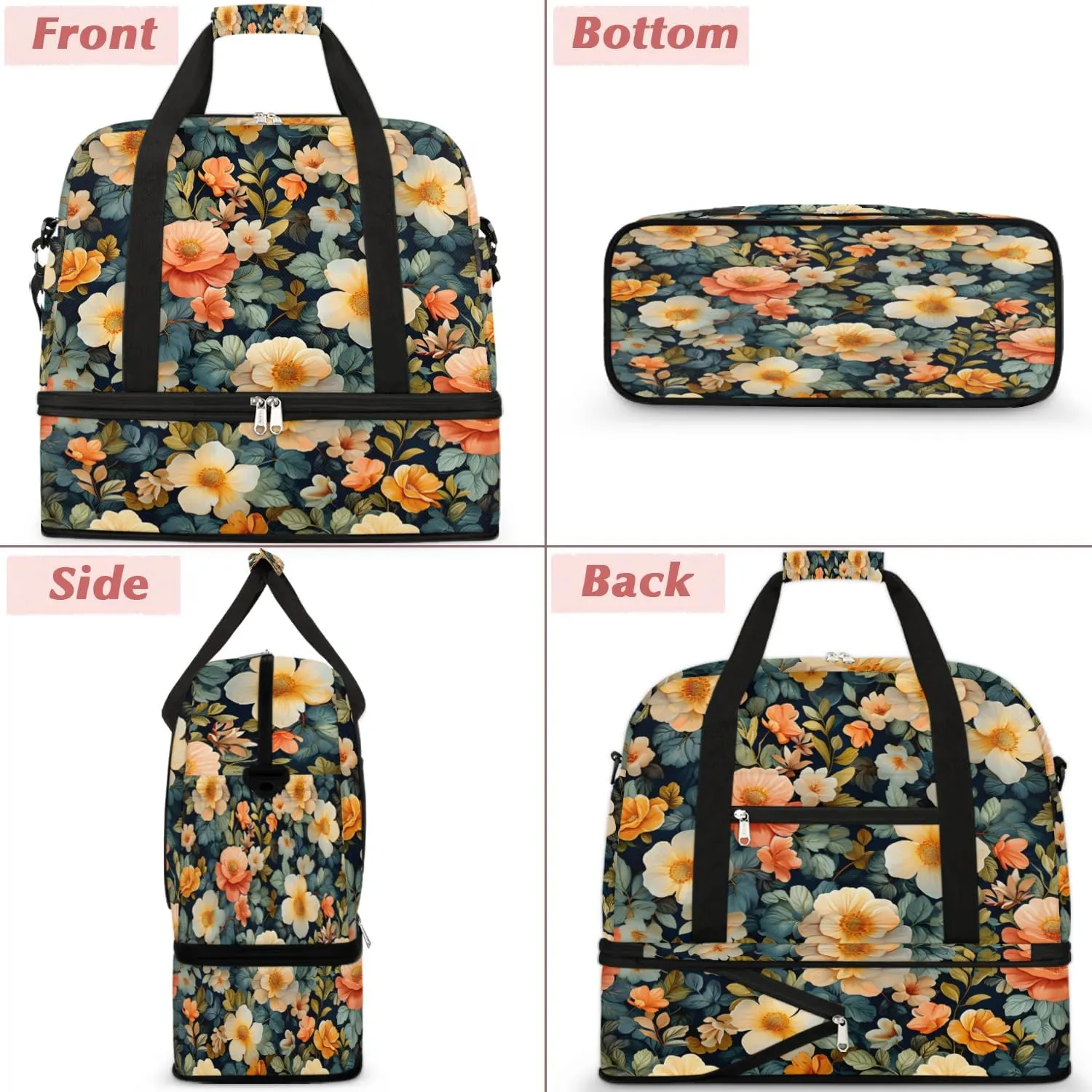 Colorful Flower Fancy Patterns Travel Duffle Bag, Collapsible Travel Bag Sports Gym Bag With Shoes Compartment Weekender Bag Overnight Bag For Women Men