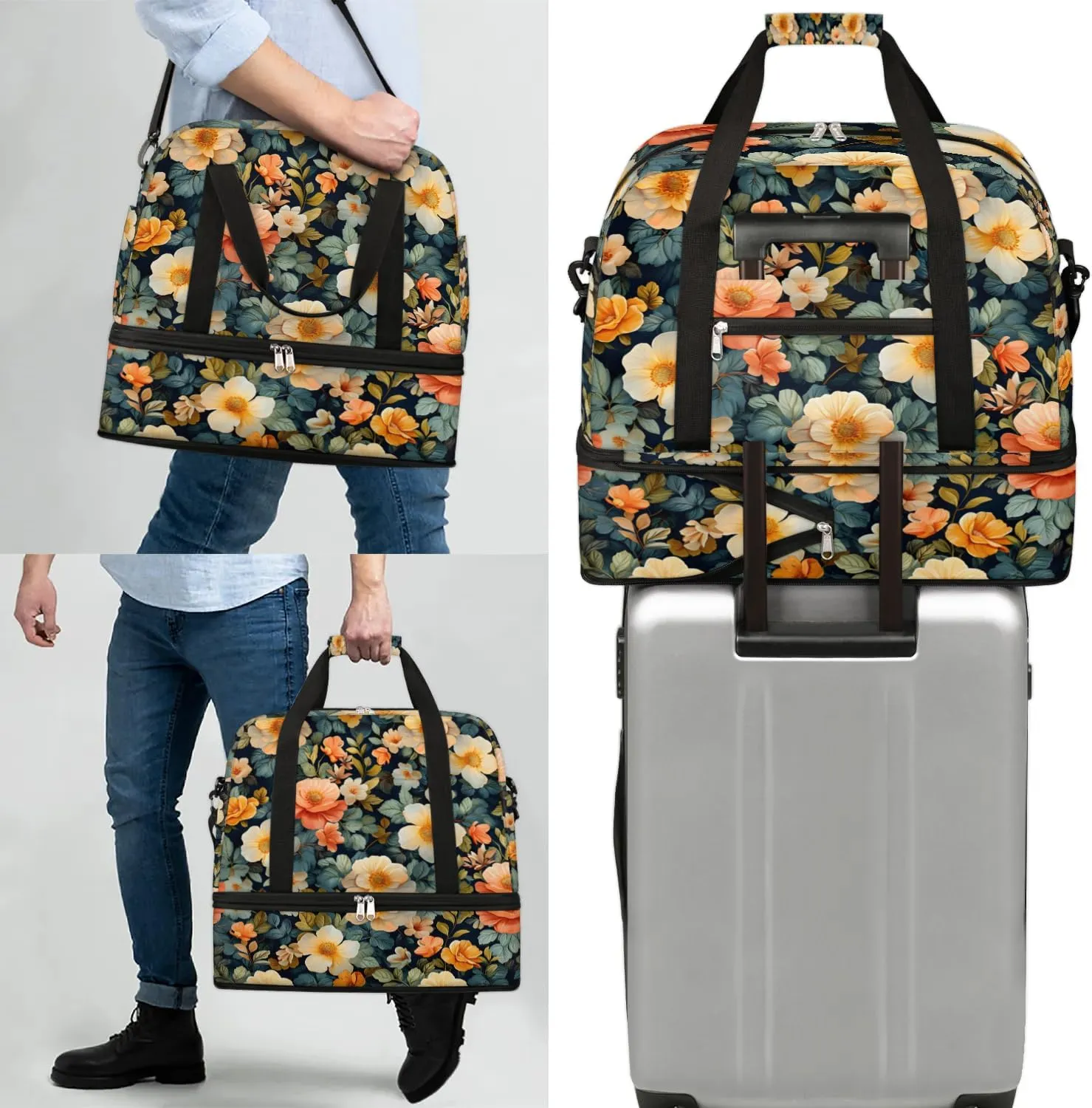 Colorful Flower Fancy Patterns Travel Duffle Bag, Collapsible Travel Bag Sports Gym Bag With Shoes Compartment Weekender Bag Overnight Bag For Women Men