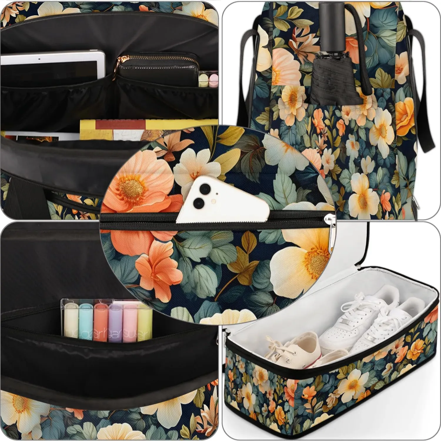 Colorful Flower Fancy Patterns Travel Duffle Bag, Collapsible Travel Bag Sports Gym Bag With Shoes Compartment Weekender Bag Overnight Bag For Women Men