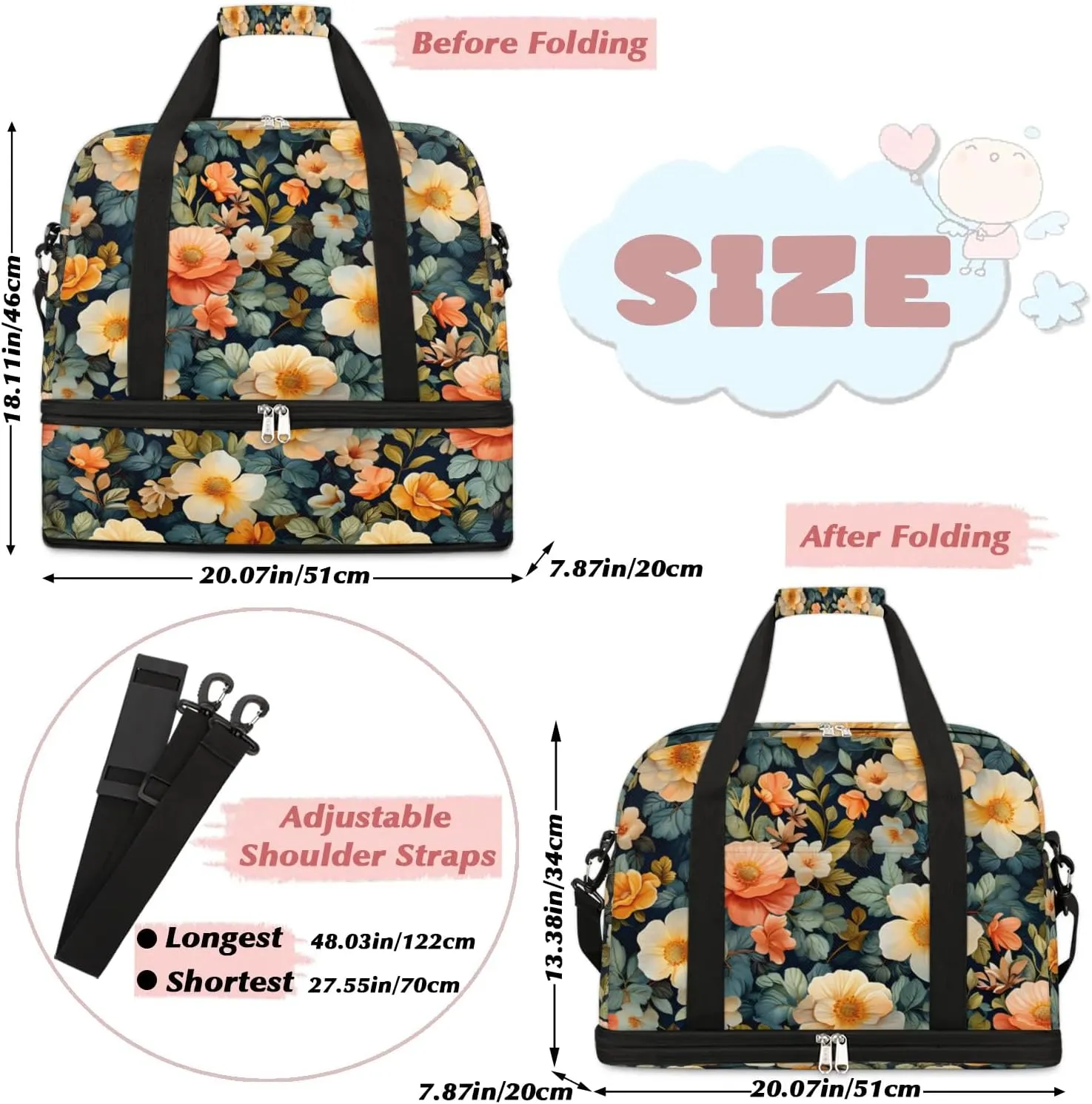 Colorful Flower Fancy Patterns Travel Duffle Bag, Collapsible Travel Bag Sports Gym Bag With Shoes Compartment Weekender Bag Overnight Bag For Women Men