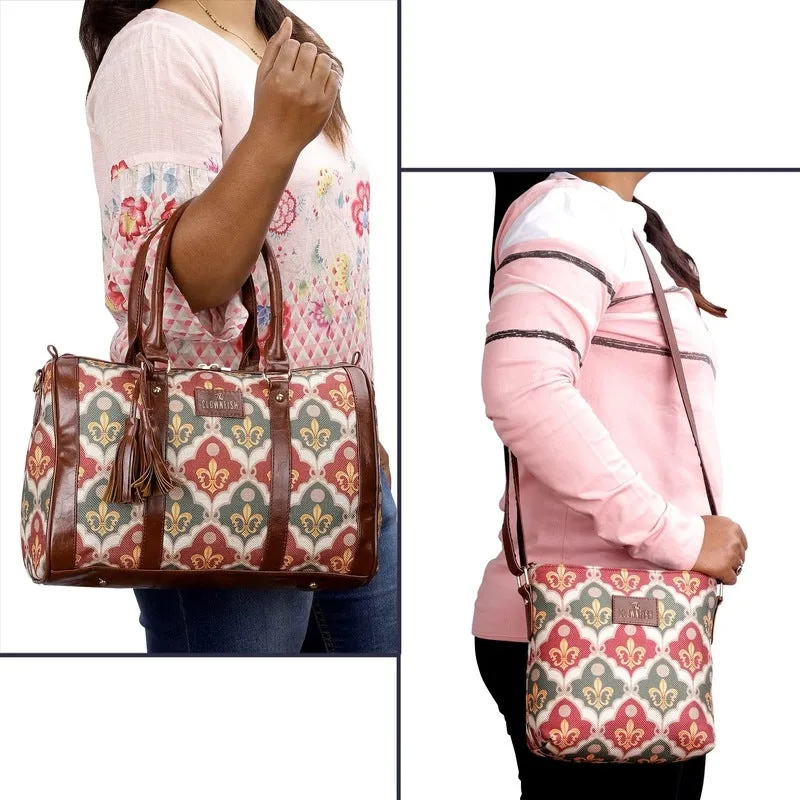 Combo: Lorna & Aahna Handbag & Crossbody Sling Bag - Lightweight, Durable | 16L | Pink-Rangoli Design