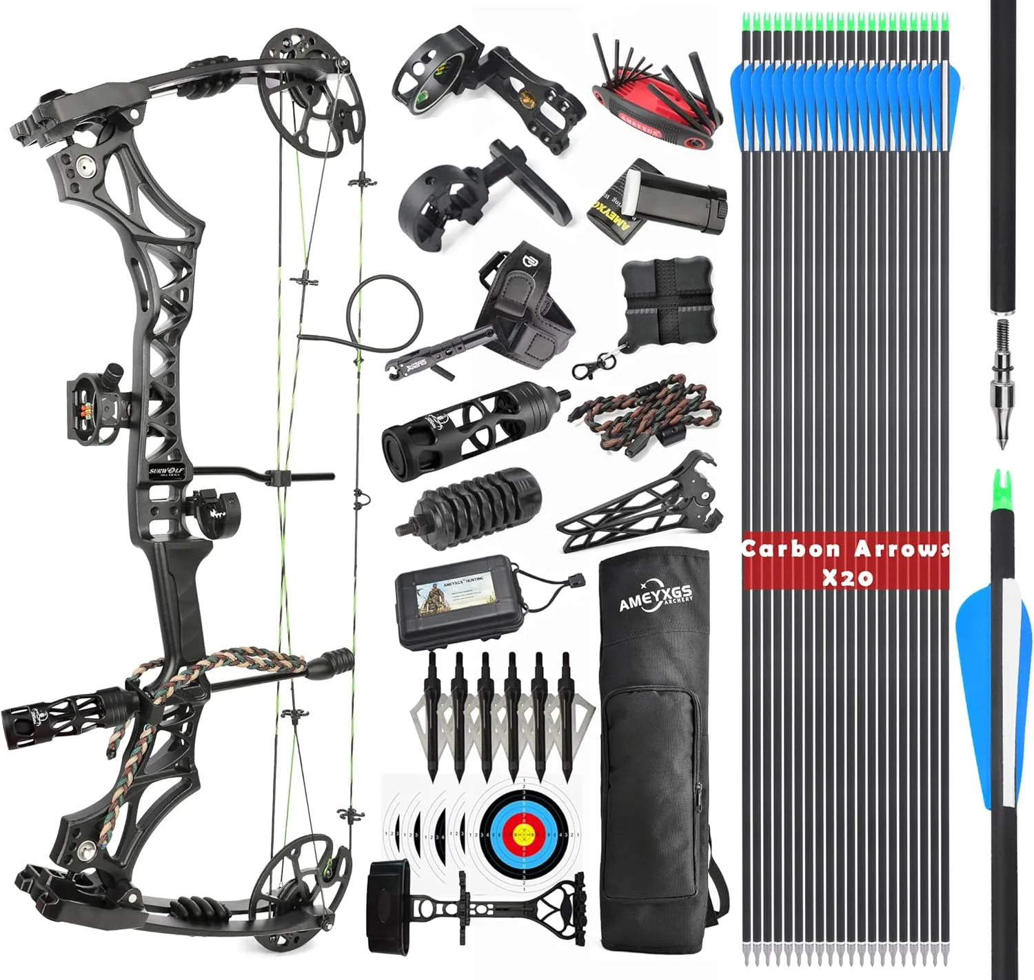 Compound Bow Kit, Hunting and Target, Limb Made in USA,Draw Weight 30-70 lbs Adjustable, Draw Length 19-31",up to IBO 320FPS Speed, Package with Archery Hunting Accessories