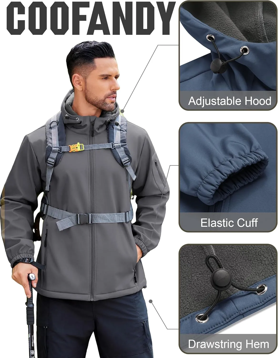 COOFANDY Men's Hooded Softshell Jacket Waterproof Fleece Lined Windbreaker Lightweight Outdoor Hiking Jacket