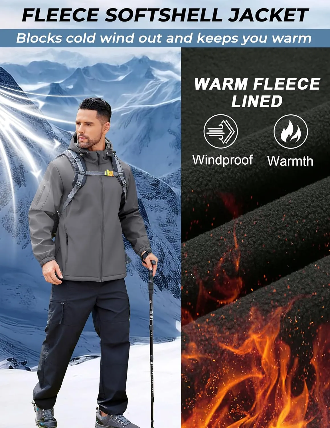 COOFANDY Men's Hooded Softshell Jacket Waterproof Fleece Lined Windbreaker Lightweight Outdoor Hiking Jacket