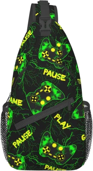 Cool green Video Game Weapon pattern Sling Bag Crossbody Travel Hiking Bags Chest Backpack Casual Shoulder Daypack for Women Men