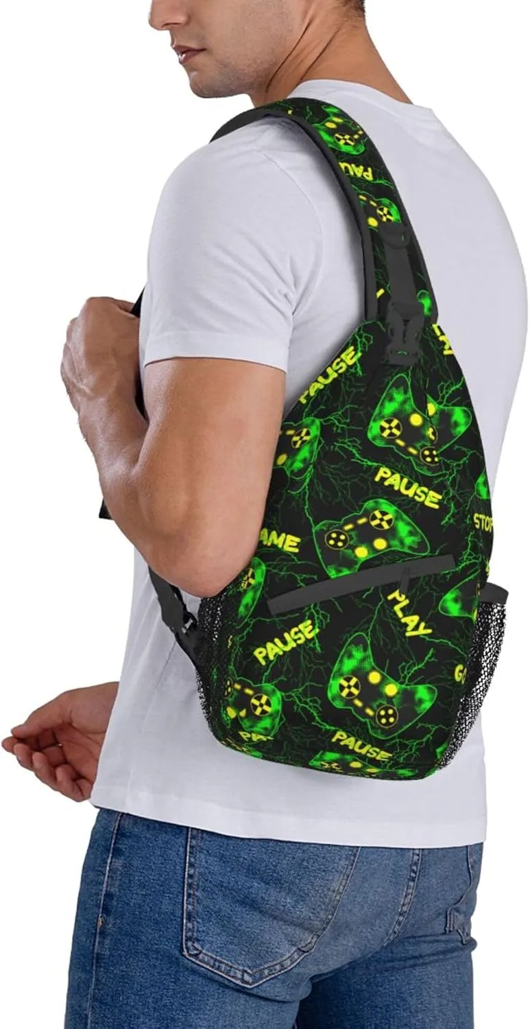 Cool green Video Game Weapon pattern Sling Bag Crossbody Travel Hiking Bags Chest Backpack Casual Shoulder Daypack for Women Men